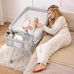 Bébé Bassint lit côté berceau, 4-in-1 Baby Bassinet Bedside Sleeper pour nouveau-né avec Mesh & Matelas, Crèche facile pour nouveau-nés avec roues verrouillables & Panier de rangement, 4-Adjustable Hauteur (gris)