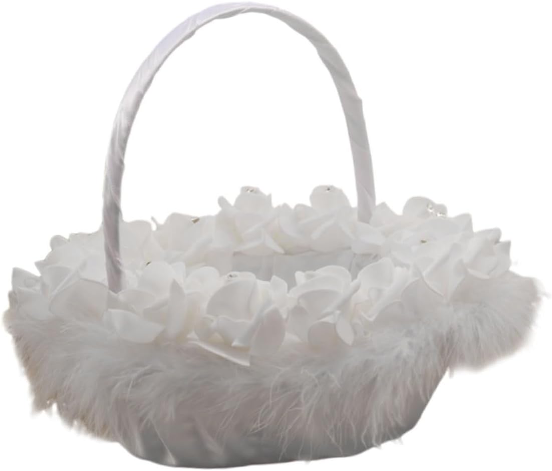 Baluue Wedding Flower Basket for Bride, White Handwoven Flower Girl Basket with Handle, Ceremony Supply for Weddings and Parties