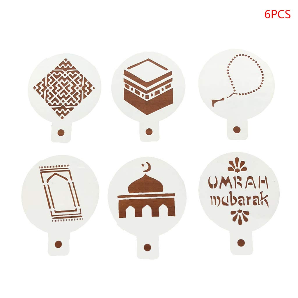Ycncixwd 6Pcs/Set Eid Mubarak Ramadan Coffee Flower Spray Stencils Cake Mold Decorating DIY Mould