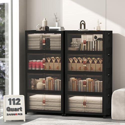Image of UAMFURI 896QT Lockable Plastic Storage Bins, 8 Pack Collapsible Cabinets | Stackable Organizer with Doors & Wheels, Foldable Containers for Bedroom, Dorm, Office & Garage Storage