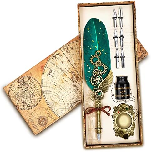 Aifeiter Feather Pen Set,Calligraphy Pen Set Includes Quill Pen,wooden dip pen,6 Replacement Nibs, Pen Stand Base,15ml Ink,Fancy Pen Luxury Vintage Signature Pen-Green