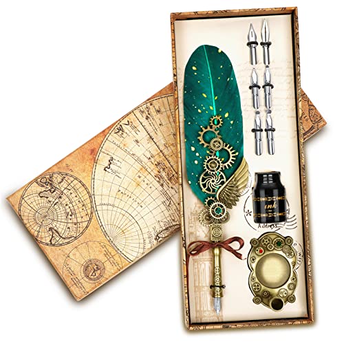 Aifeiter Feather Pen Set,Calligraphy Pen Set Includes Quill Pen,Wooden Dip Pen,6 Replacement Nibs, Pen Stand Base,15Ml Ink,Fancy Pen Luxury Vintage Signature Pen-Green #TOP30
