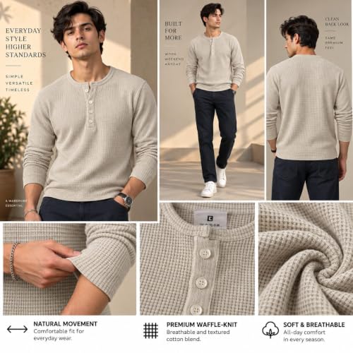 Image of Men's Cotton Blend Waffle Knit Henley T-Shirt | Full Sleeve Casual Shirt | Regular Fit Comfortable Top for Men | Stylish Everyday Wear