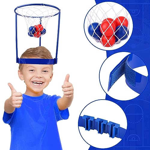 Image of 2 Pack Head Hoop Basketball Party Game for Kids and Adults Carnival Game Adjustable Basket Net Headband with 20 Balls for Carnival Party Birthday Party Family Indoor Outdoor Game (Red + Blue)