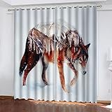 Cortinas Opacas Térmicas Aislantes Frío Y Calor Para Salón Dormitorio Moderno Con Ojales, Impresión Escena De Nieve De Lobo Animal Abstracto 3D Cortinas De Salon Para Habitacion 280X260cm 2 Pieza