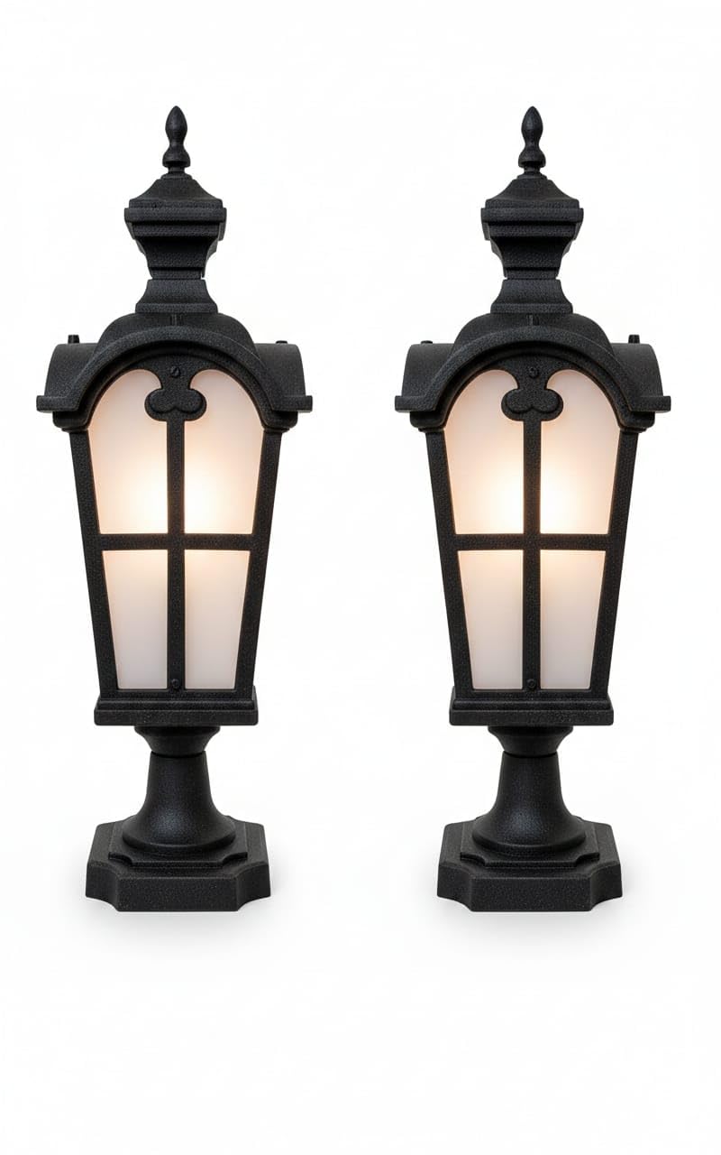 Outdoor Post Lantern Lights, Black, Frosted Glass, Traditional Style, Set of 2, Pedestal Mount-image-18