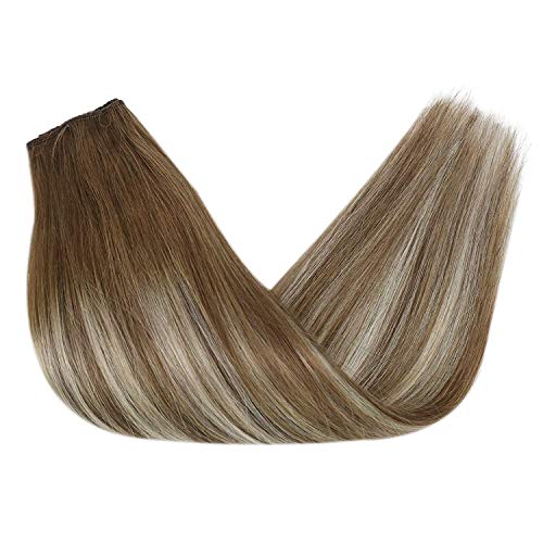 Sunny 12 Inch Halo Remy Human Hair Extensions Hidden Blonde Balayage #6 Brown Fading to Platinum Blonde Highlighted One Piece 80g Flip Hair Extensions Halo Wire Double Weft Hair Extensions