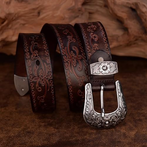 Ceinture Western homme femme en cuir véritable avec grande boucle et relief floral