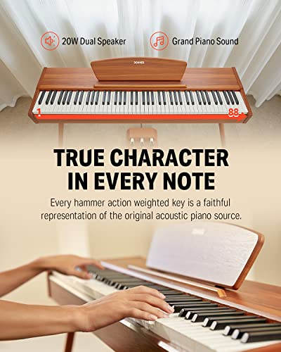 donner ddp-80 digital piano 88 key weighted keyboard full-size electric piano for beginners with sheet music stand triple pedal power adapter supports usb-midi connecting retro wood color