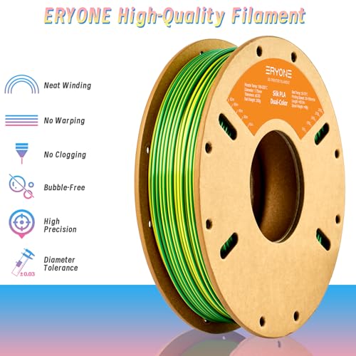 Image of ERYONE Silk Dual Color PLA Filament 3D Printer 1.75mm + /- 0.03mm, Bicolor Filament Two Tone PLA 250g(0.55lbs) Cardboard Spool, Yellow Green