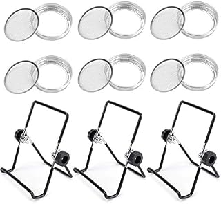 Jucoan 9 Pack 86mm Wide Mouth Sprouting Kit, 6 Pieces Stainless Steel Sprouting Lids for Wide and Reguar Canning Jar, 3 Pieces Stainless Steel Stand