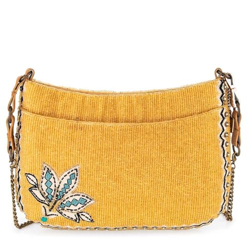 Mary Frances Rustic Charm Beaded Crossbody Handbag with Embroidered Flowers Evening Clutch Purse, Tan2