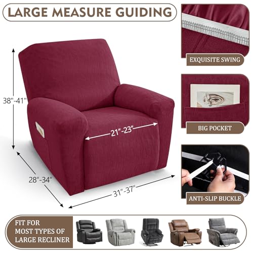 Image of ZNSAYOTX 100% Waterproof Recliner Chair Covers, 3-Piece Stretch Fit Recliner Slipcovers with Buckle & Elastic Band for Lazy Boy, Stay in Place, Soft Plaid Jacquard Protector (Large, Wine Red)