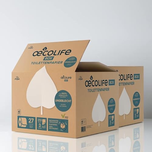 oecolife Toilettenpapier Box UNGEBLEICHT, 3-lagig, 54 Rollen á 250 Blatt, superweich, plastikfrei verpackt, vegan, nachhaltiges Klopapier Cover