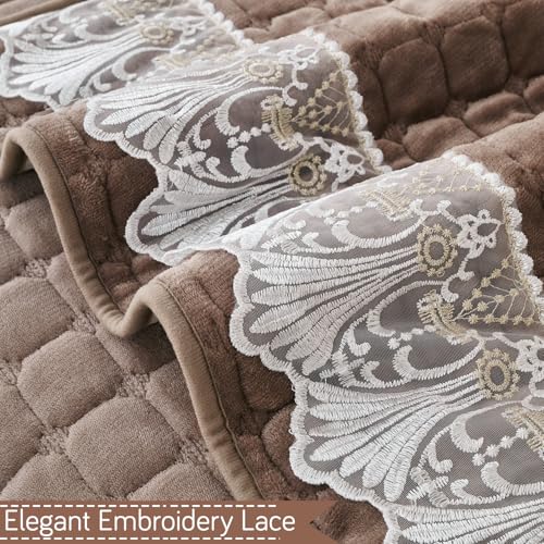Image of HOKIPO 'BelleLace Series' Imperial Milk Velvet Sofa Backrest Mat Cover with Lace | Anti-Slip | 1 Pc - Mocha Brown (AR-6311-BRN)