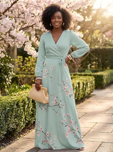 Image of PinkPatty Women's Long Sleeve Maxi Dress Plus Size Trendy Wedding Guest Dress with Pockets&Belt