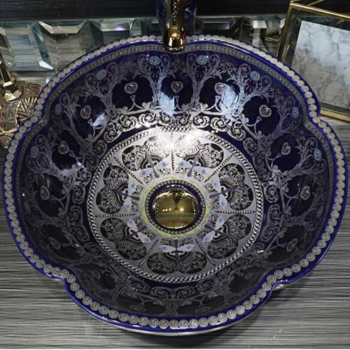 Image of BASSINO Designer Moroccan Ceramic Table Top Wash Basin /Glossy Blue Floral Art Bowl Sink for Bathroom /Handcrafted Countertop Washbasin for Office /Hotel(16.5 x 16.5 x 5 Inches)