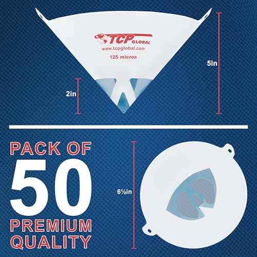 Image of TCP Global - 125 Micron Filter Tips Ultra-Fine Paint Strainer (50 Pack) - Pure Blue Nylon Mesh Cone Strainer - Paint Filter Cones for Auto, House & Hobby