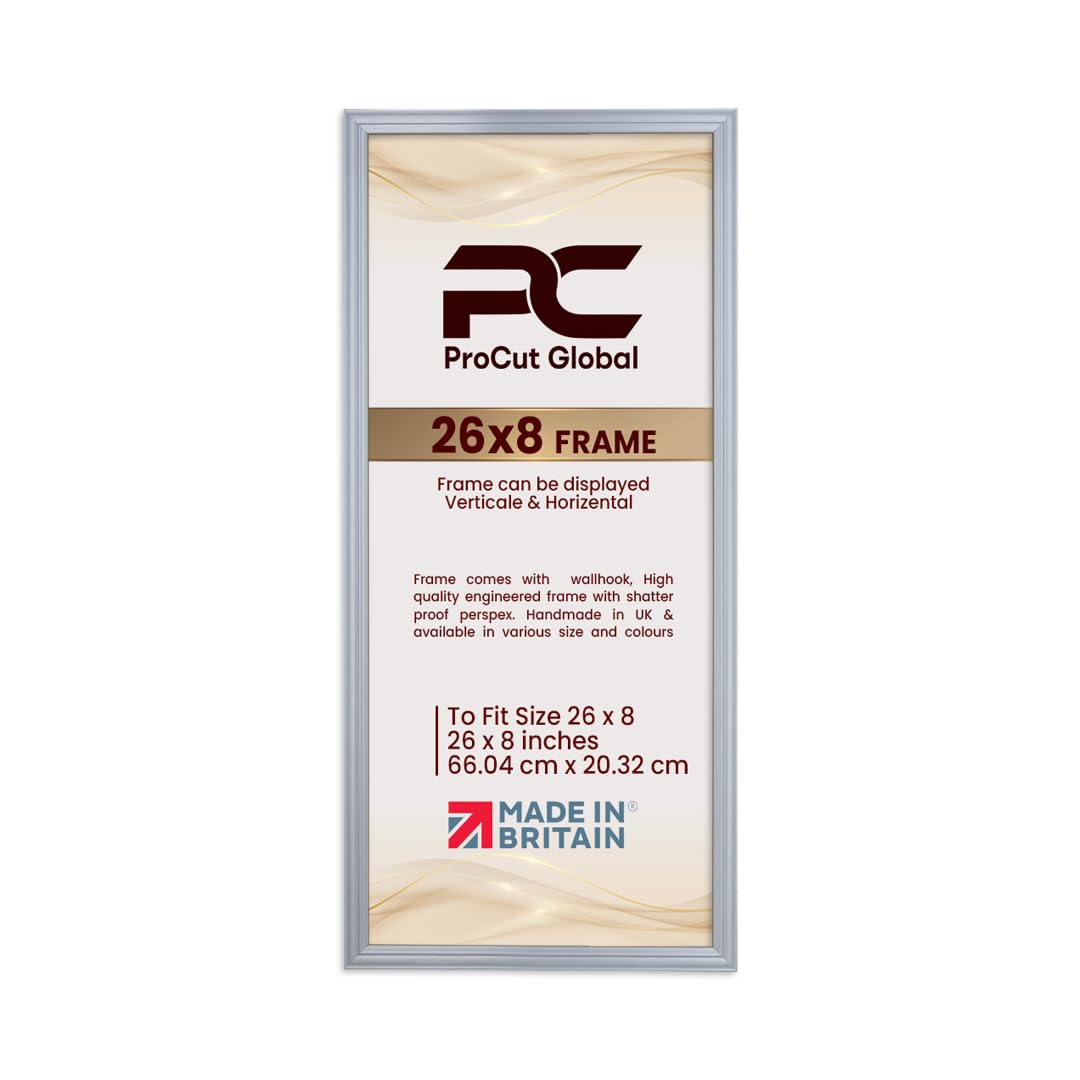 Procut Global 26x8 Silver Picture Frames - Classic Wooden Photo Frame with Shatterproof Perspex for Wall or Tabletop - Perfect for Posters, Certificates & Prints - Sizes & Colors Available