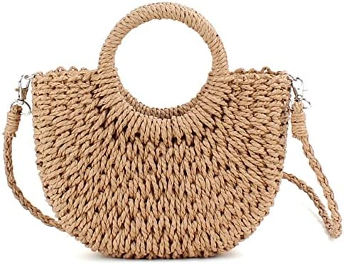 QTKJ Mini Semi-circle Rattan Straw Bag, Hand-woven Women Summer R...