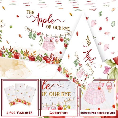 Image of K1tpde Apple Baby Shower Tablecloth - 3PCS Fall The Apple of Our Eye with Watercolor Flower Plastic Tablecloth, Disposable Sweet Baby Tablecover, Spring Floral Party Supplies for Birthday Decorations