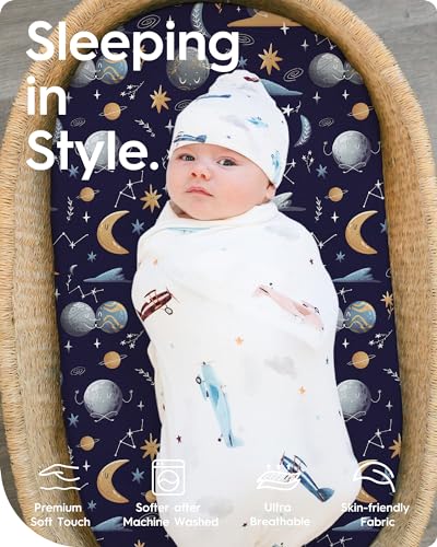 Image of Bassinet Sheets for Baby Boy Girl, TotBasic Buttery Soft Universal Bassinet Fitted Sheet, Compatible with Halo, Mika Micky, Baby Delight, Dream On Me, Maxi COSI and More Bassinet Mattress(Space)