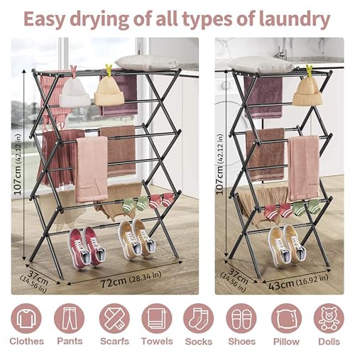 Image of JD FRESH 3-Tier Foldable Metal Clothes Drying Rack /Adjustable Wings for Indoor Outdoor Use and Dress Drying Stand /Easy to Move and Heavy Metal Laundry Organizer Stand (Black)