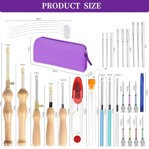 Image of 32Pcs Punch Needle Embroidery Kit,Punch Needle kit for Beginners,Adjustable Punch Needle Embroidery Kit,Wooden Handle Embroidery Pen Kits,Big Eye Embroidery Needles for Adults