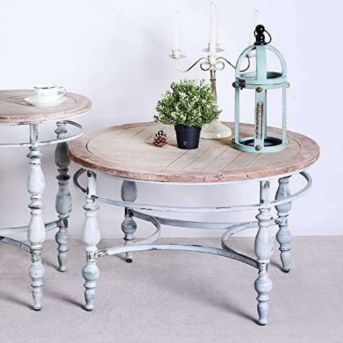 TIMBERMAVEN Rustic Farmhouse Round Coffee Table, French Country Vintage Center Table,φ31.5'' x18.9''H Rustic Solid Wood with Vintage Iron Legs, for Living Room, Bedroom,Dinning Room,Chipped White