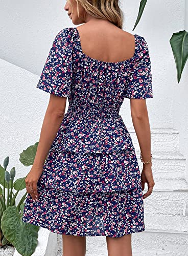 Image of PRETTYGARDEN Women's Summer Floral Ruffle Short Dress | Short Sleeve Square Neck, Flowy Tiered Hem, Fit and Flare, Flower Boho Dresses, Cute Beach Vacation Outfits, Fashion Clothing