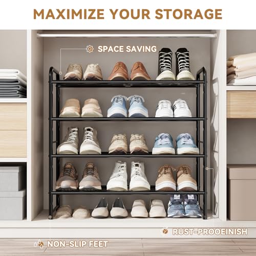 Image of Shoe Rack, 4 Tier 27 inch Wide Metal Mesh Shoe Organizer for Closet Holds up to 12-15 Pairs, Stackable, Black