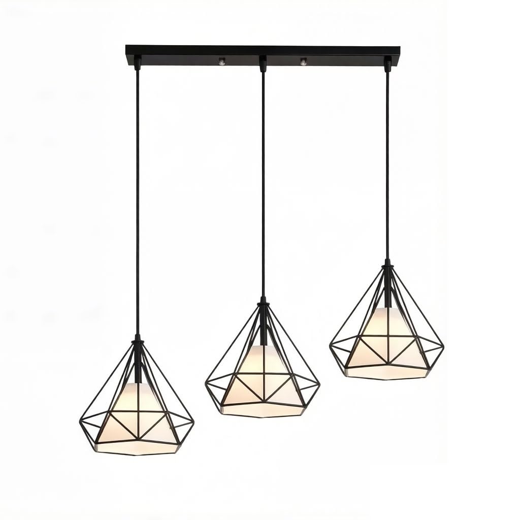 Czarna Lampa Wisząca Industrialna Z Geometryczną Klatką Trójświetlna Z Białymi Kloszami Plafon Wiejski Amerykański Z Rombową Klatką Z Kutego Żelaza Do Jadalni I Baru(A)
