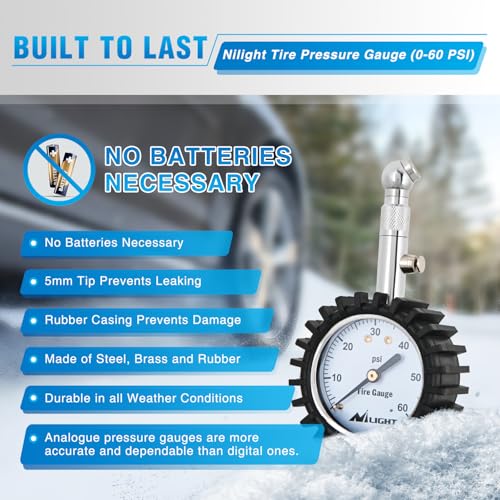 Image of Nilight Tire Pressure Gauge 60PSI Heavy Duty Stainless Steel Air Chucks ANSI B40.1 Certified Large 2 inch Dial Wheel Service Checker for Truck Semi Truck ATV Motorhome Cars & RV Accessories
