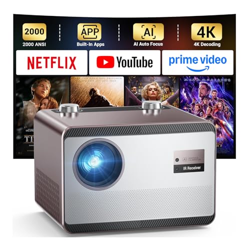 Projector 4K with WiFi and Bluetooth [2000 ANSI/AI Auto Focus/Official Licensed Apps], Outdoor Movie Projector with Smart TV OS 2.0 & Dolby, HAPPRUN Home Theater Projector for Indoor/Outdoor