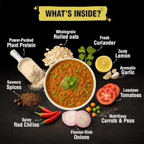 Image of Bagrry's High Protein Masala Oats 400g | 25g Plant Protein | Tangy Masala Flavour | Instant Savoury Oats | Wholegrain Breakfast Cereal with Real Veggies & Herbs | Protein Oats for Gym & Weight Management | No Palm Oil, No MSG, No Added Preservatives | Ready in 3 Minutes