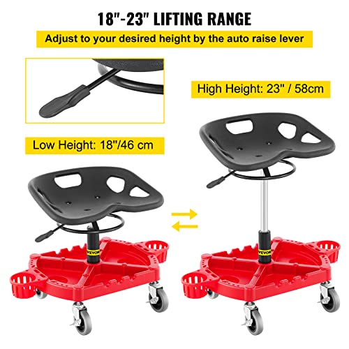 Vevor Rolling Garage Stool, 300Lbs Capacity, Adjustable Height From 18 In To 23 In, 360-Degree Swivel Wheels (4"), Large Tool Tray With Two Bottle Holder, For Workshop, Auto Repair Shop, Red #TOP2