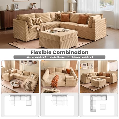 Image of ovios Modular Sectional Sofa Couch with L-Shape Chaise Ottoman, Comfy Plush Corduroy Cloud Couches, Modern Luxury Deep Seat Sofas Set for Living Room, 6-Seater, Beige