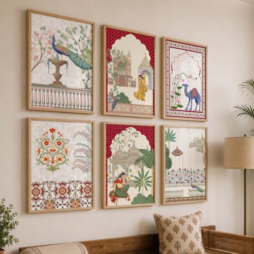 Image of kotart Pichwai Art Painting for Wall Decoration|Framed Wall Painting for Home Room Bedroom Office Wall Decor|Traditional Indian Wall Art Madhubani Paintings for Living Room|set of 6 (B, 10x13 inch)