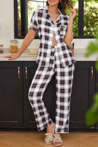 Image of Ekouaer Womens Pajamas Set Print PJs Soft Button Down Sleepwear Short Sleeve Nightwear with Long Pants Small White Plaid S