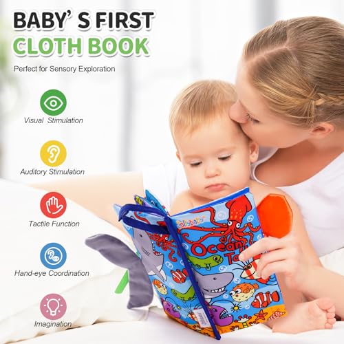 Image of Jollybaby Baby Cloth Books, Touch & Feel Crinkle Soft Books, for Infants Babies, Toddler Early Educational Interactive Stroller Toys, Baby Girl & Boy Gift(Ocean Tails)