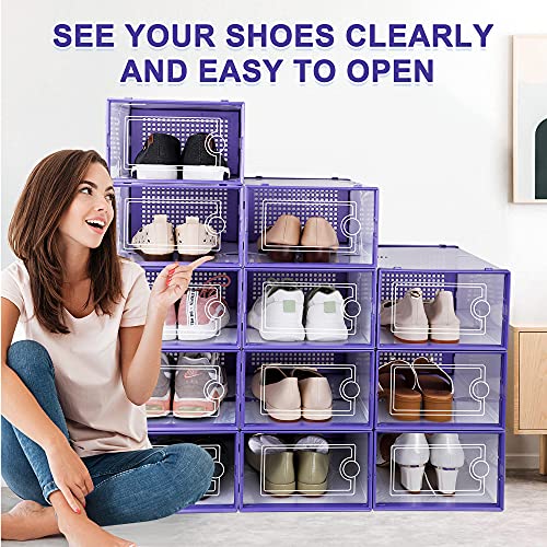 Image of Kuject Large Shoe Organizers Storage Boxes for Closet, 12 Pack Clear Plastic Stackable Storage Bins with Lids, Under Bed Shoe Containers for Entryway, Drop Front, Fit up to Women's Size 10,Purple