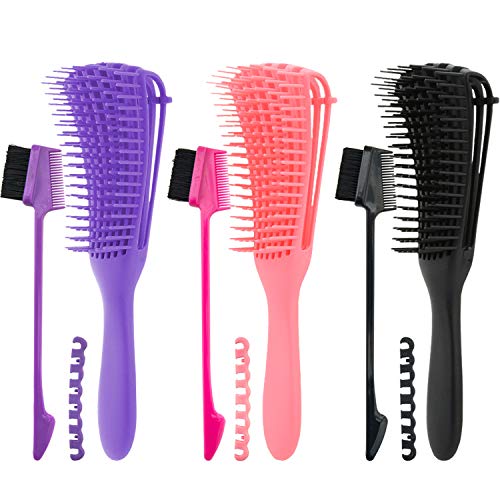 ONEST 3 Pack Detangling Brush Detangler with 3 Pack Edge Brush Double Sided Hair Comb for Kinky Wavy, Curly, Tight hair