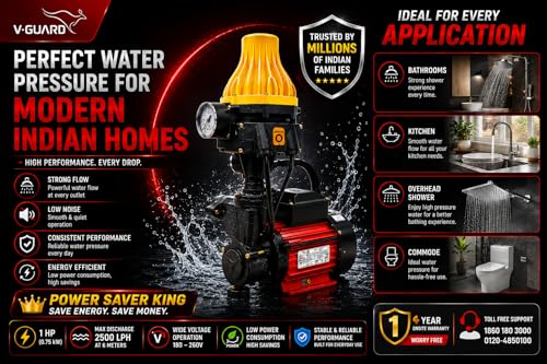 Image of V Guard 1hp Automatic Pressure Booster Pump 100% COPPER WINDING Superior Durability for Household (Upto 3 Bathrooms), 1 Year ON-SITE Warranty, Multicolor