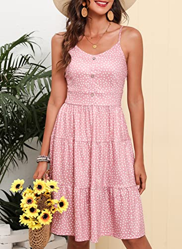 Image of YATHON Sundresses for Women Casual Summer Beach Sleeveless Spaghetti Strap Dress Button Down Ruffle Flowy Pleated Dresses