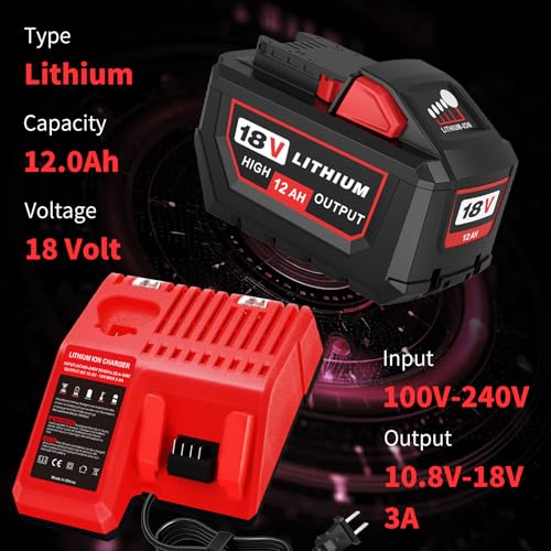 2Packs 12000mAh 48-11-1812 Lithium Replacement Battery and Charger Combo Kit Compatible with Milwaukee 18V Battery 48-11-1850 48-11-1815 48-11-1860 48-11-1890 48-11-2230 48-11-2830(Red)
