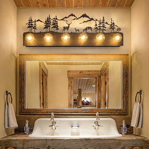 Image of TOCHIC Rustic Bathroom Vanity Light, 6-Light Black Vintage Farmhouse Bathroom Light Fixtures over Mirror for Makeup Shaving, Dimmable Western Deer Wall Sconce for Powder Room, Cabinets, Bedroom, 36 inch L