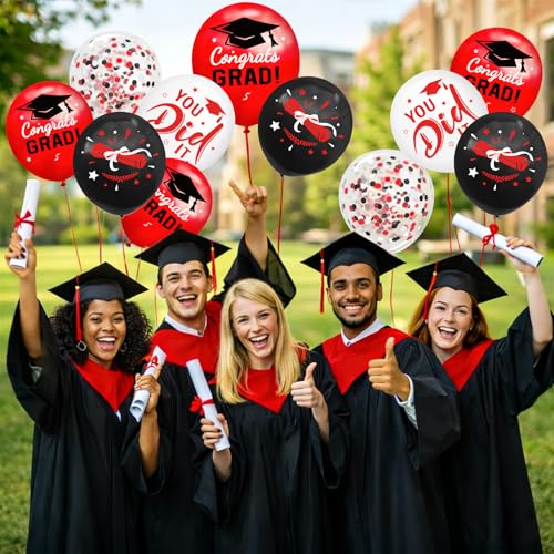 Image of Graduation Decorations 2026 - Graduation Balloons 62pcs 12 Inch Red Black White Grad Print Latex Confetti Balloons for College High School Class of 2026 Congrats Grad Party Decor Supplies (Ribbon)