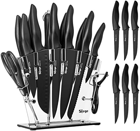 Knife Set, 16 Piece Kitchen Knives Set with Block, High Carbon Stainless Steel for Anti-rusting Knife Block Sets, Acrylic Stand for Black Chef Knife Steak Knives with Peeler Scissors,Dishwasher Safe