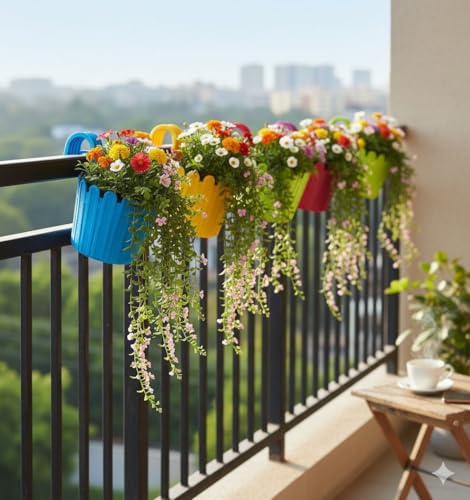 Image of Premium Railing Planter with Hook - Durable Plastic Hanging Flower Pot for Balcony, Fence Design Gamla for Indoor /Outdoor Plants, Herbs & Creepers (Pack of 3) (3, Green)