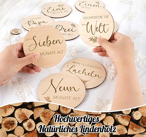 Holz Meilensteinkarten Baby auf Deutsch-30 Wichtigen Momente auf Ausgewähltes Lindenholz inklusive Praktischem Aufsteller, Geschenke zur Geburt & Babyparty für Schwangere, Werdende Mütter & Eltern
